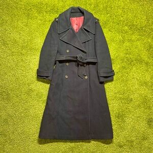Vintage Forstmann Women’s Double Breasted Wool Trench Coat Belted Navy Blue